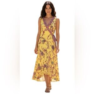 Plenty yellow Purple Floral 100% Silk Wrap Dress High-Low